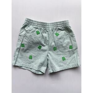 Toddler Boys Green and White Stripe Seersucker Embroidered Frog Shorts 18 months